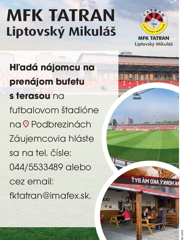 Prenájom letnej terasy na štadióne MFK Tatran L. Mikuláš