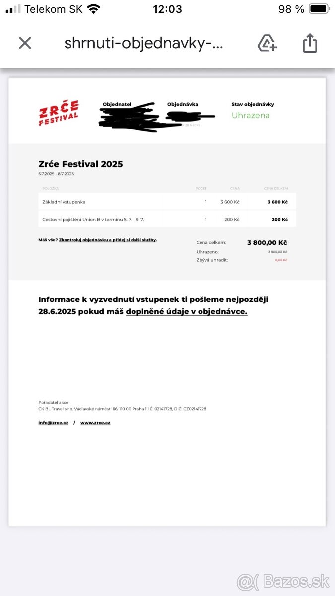 Predám vstupenku na Zrce aj s poistením