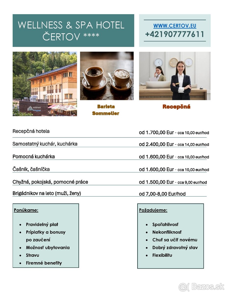 Kuchár, pomocná kuchárka, recepčná, čašník, chyžná