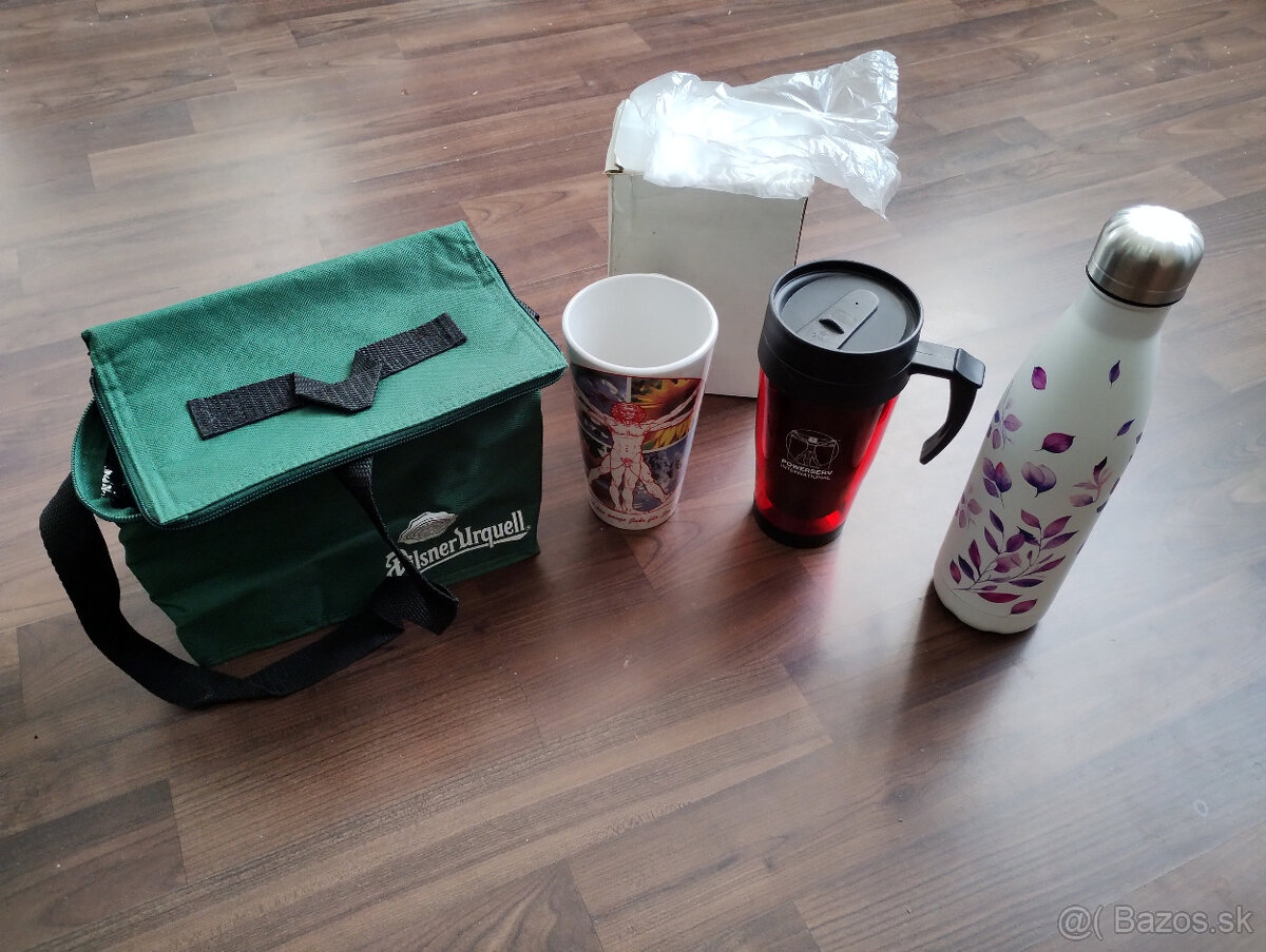 Termo hrnček, flaška, taška, 4 kusy, 5,- Euro/ nové