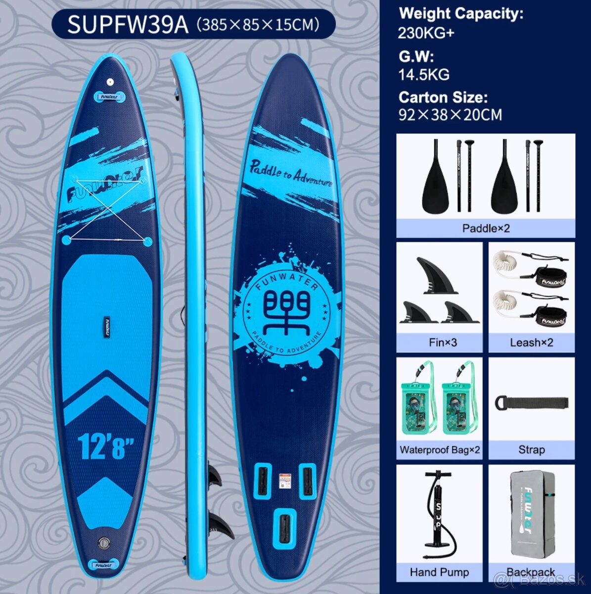 Paddleboard 385cm, 230kg, dvojmiestny, 3 plutvy