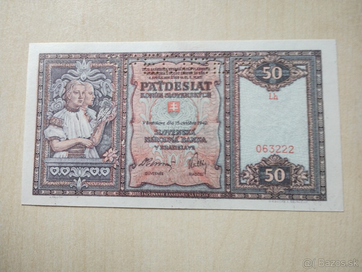 predám starú bankovku 50 korún 1940 unc