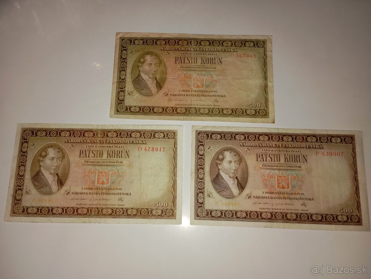 BANKOVKY 500 KČS 1946, JEDNOPÍSMENNÉ, NEPERFOROVANÉ