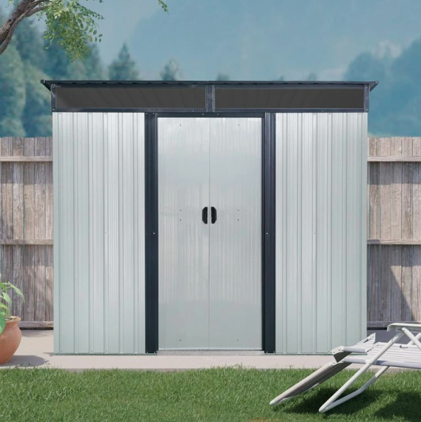 Záhradný domček 196x122x180 cm sivý s oknami a zelený bez