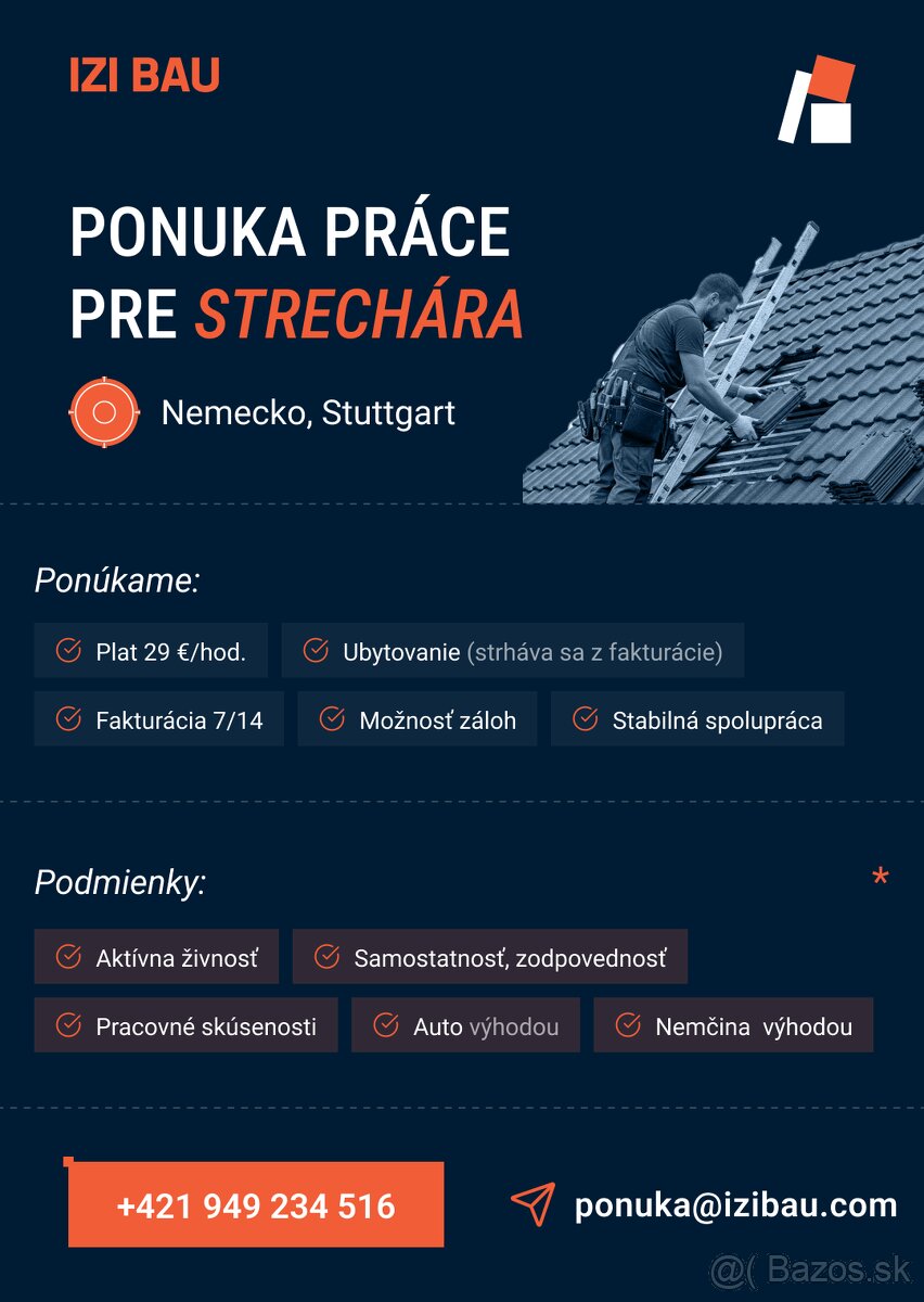 Ponuka práce Nemecko- Strechár (29€ /h)
