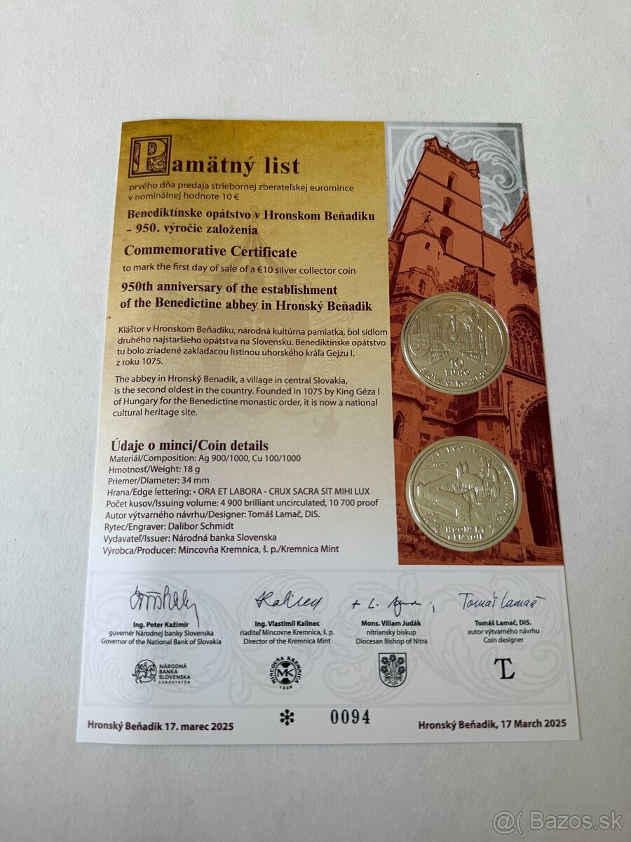 Predám pamätný list (Benediktínske opátstvo)