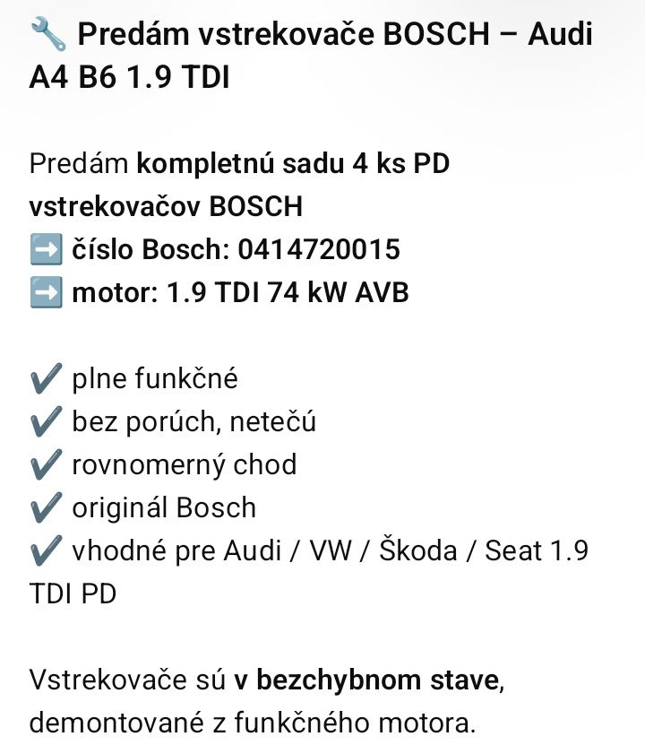 Predám strekovače Bosch 4ks PD 1.9tdi 74kw