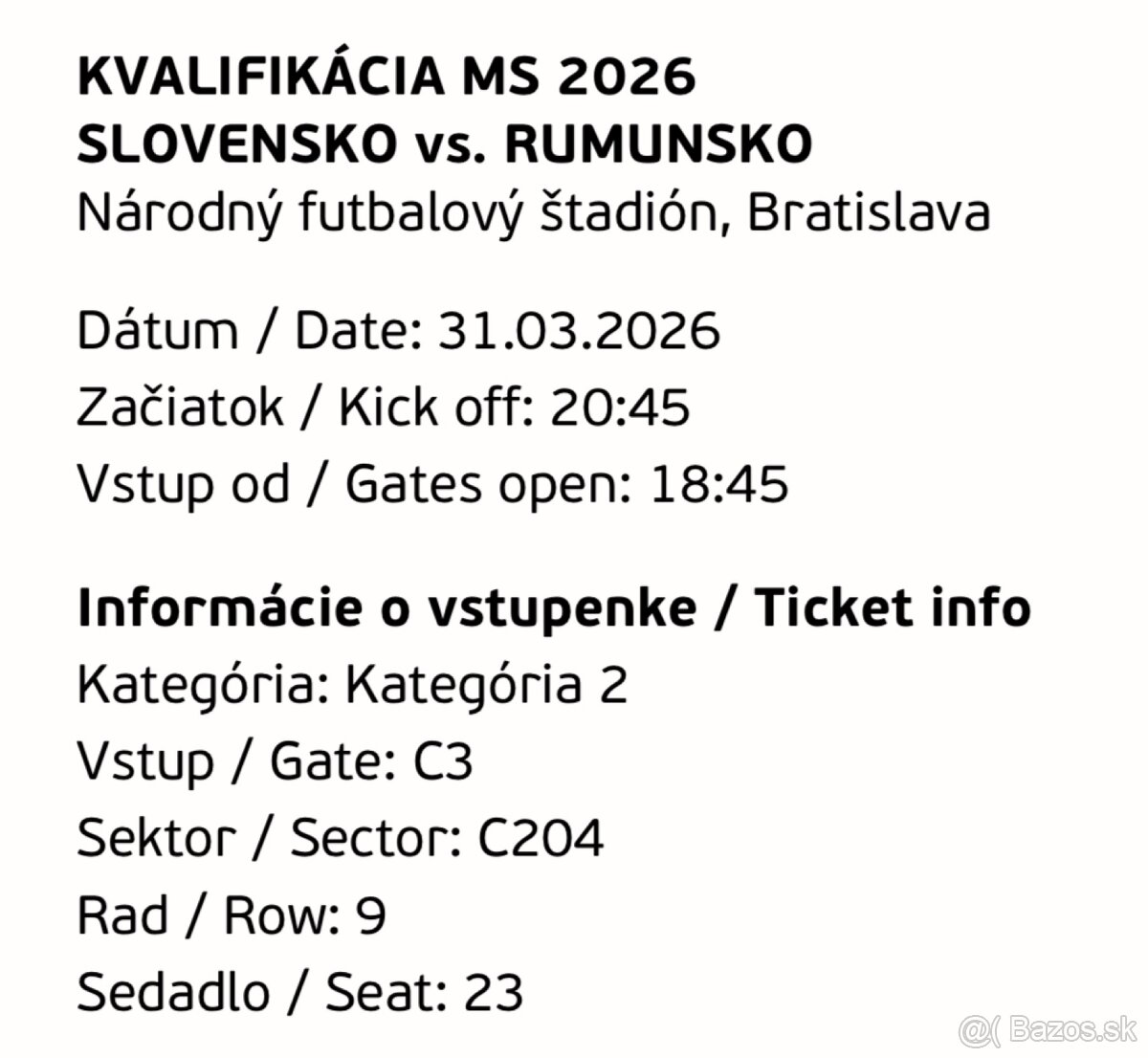 Predám 2 lístky Slovensko - Rumunsko 31.3.2026