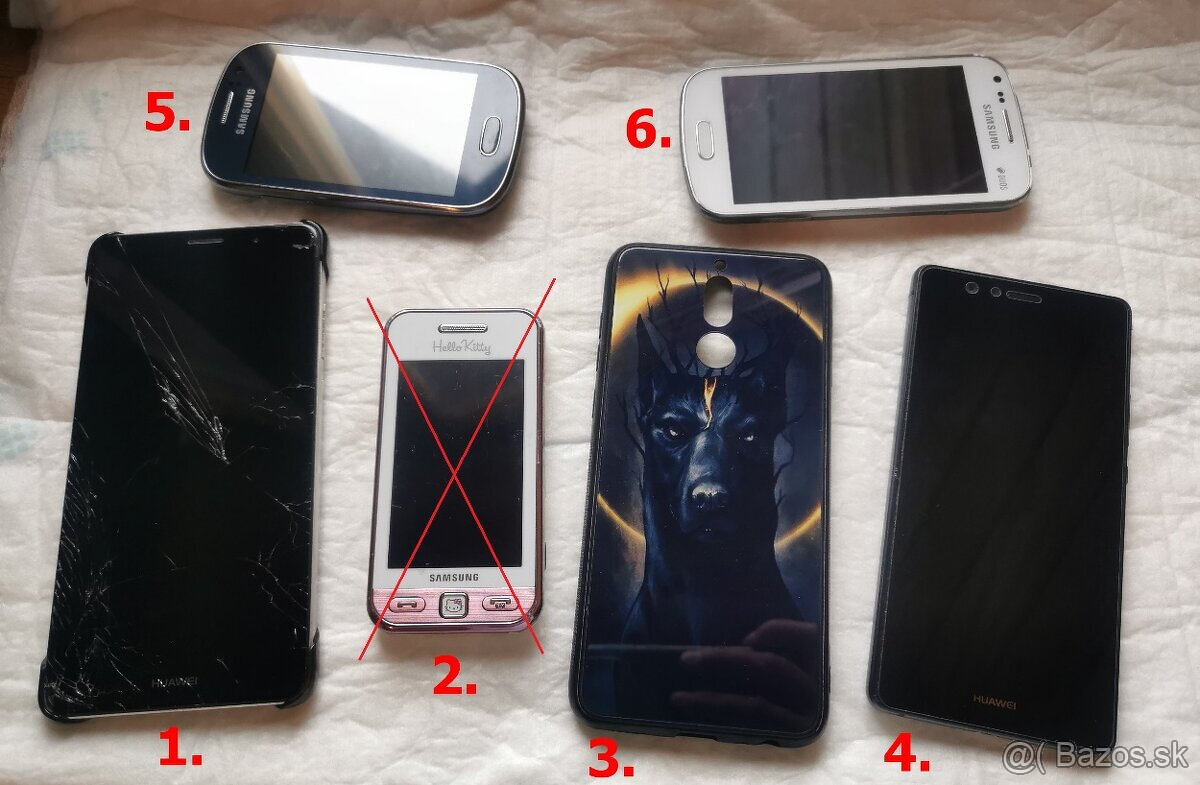 Staršie mobilné telefóny Samsung a Huawei + kryty