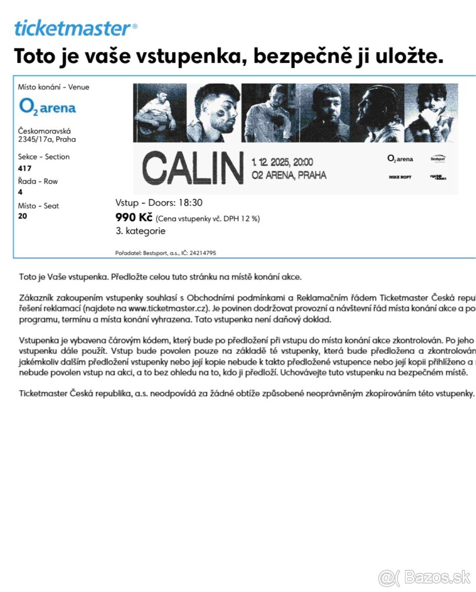 Calin O2 aréna vstupenky
