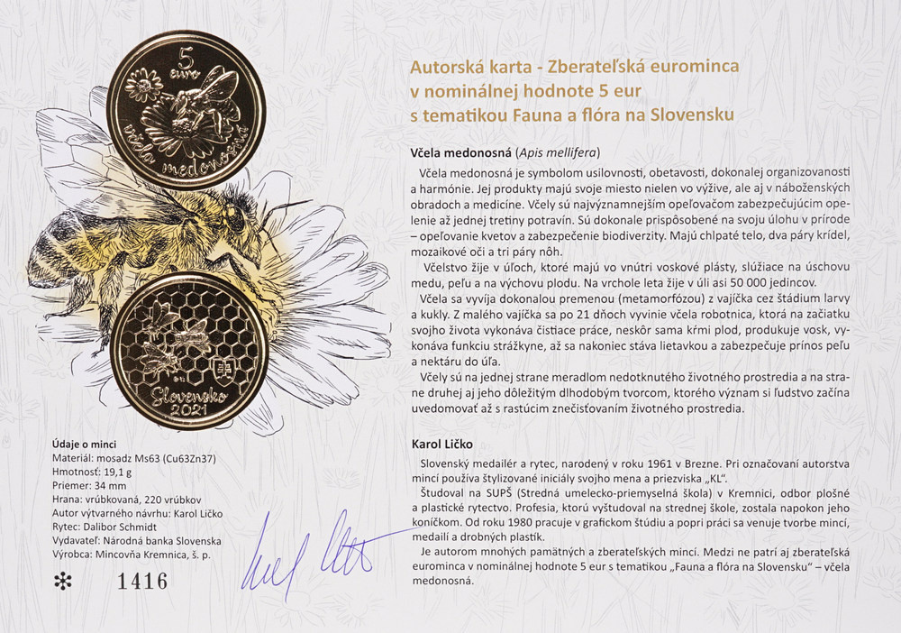 Pamätný list - 5€ včela medonosná