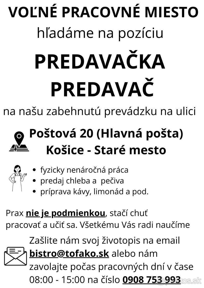 Predavačka/Predavač, Čašník/Čašníčka - Košice