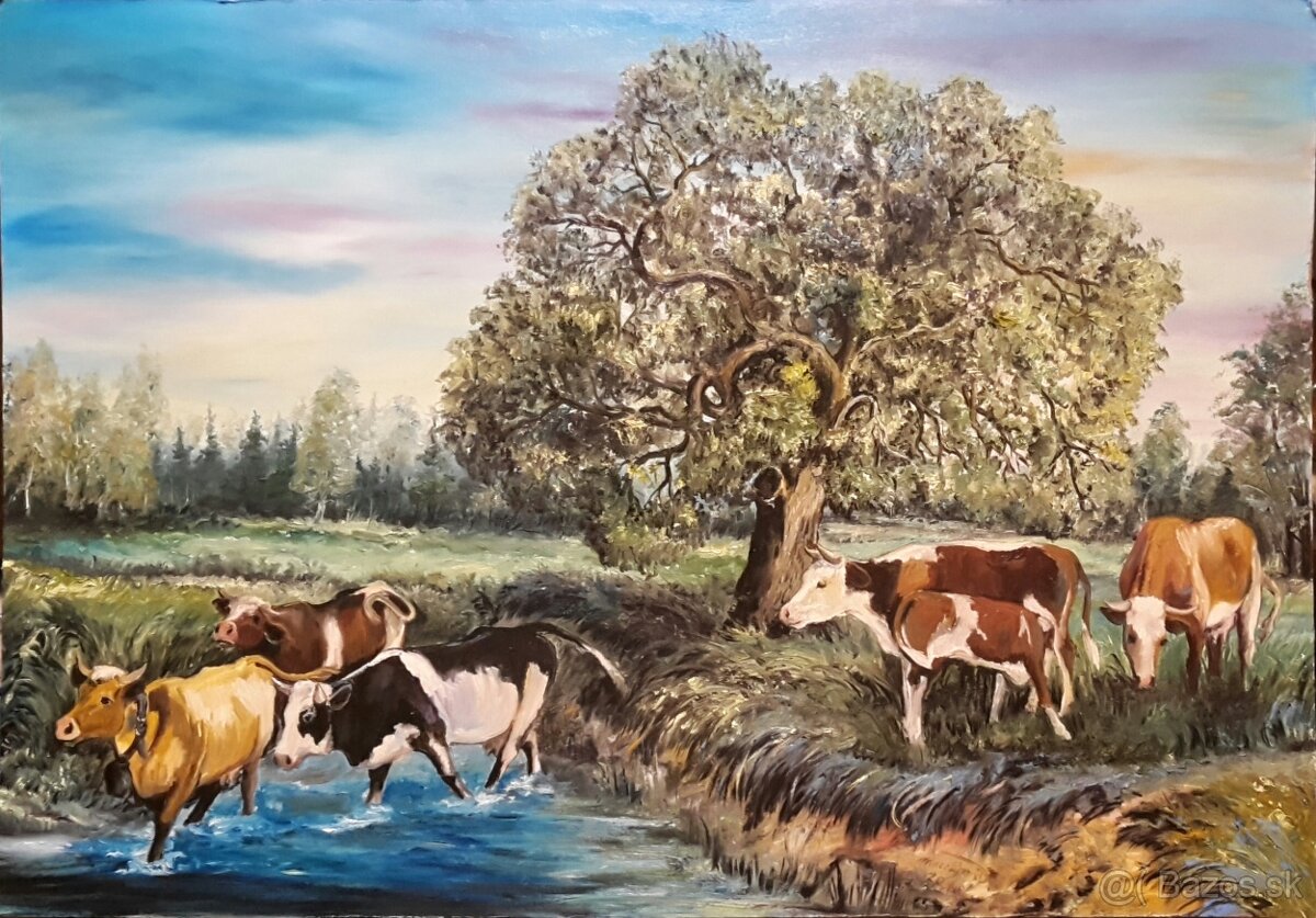 Obraz, originál olejomaľba v ráme, Kravičky