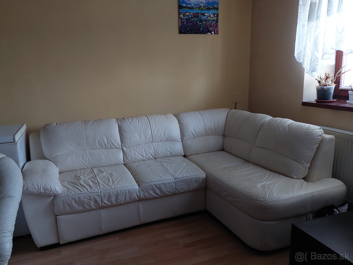 Koženný rozkladací gauč, dvojreslo, kreslo a taburetka