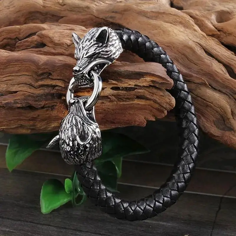 Viking Wolf Head kožený náramok