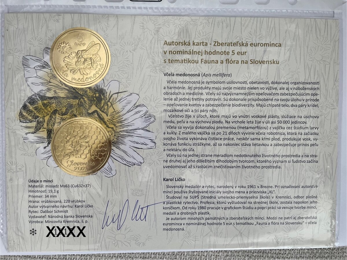 Pamätný list 5€ Včela 2021