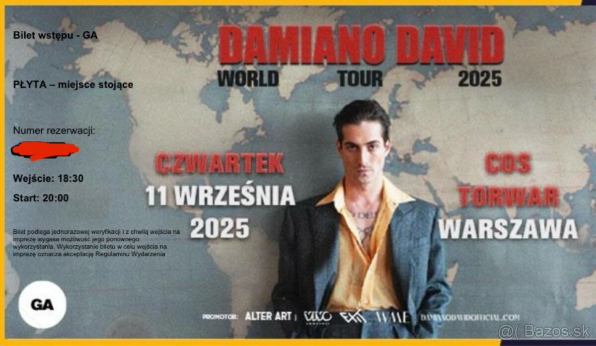2x vstupenky Damiano David Tour 11.9.2025 - Warszawa