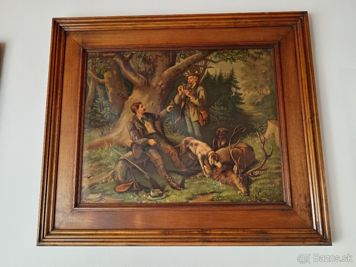 Lovecký obraz, dreveny ram, starožitnosti