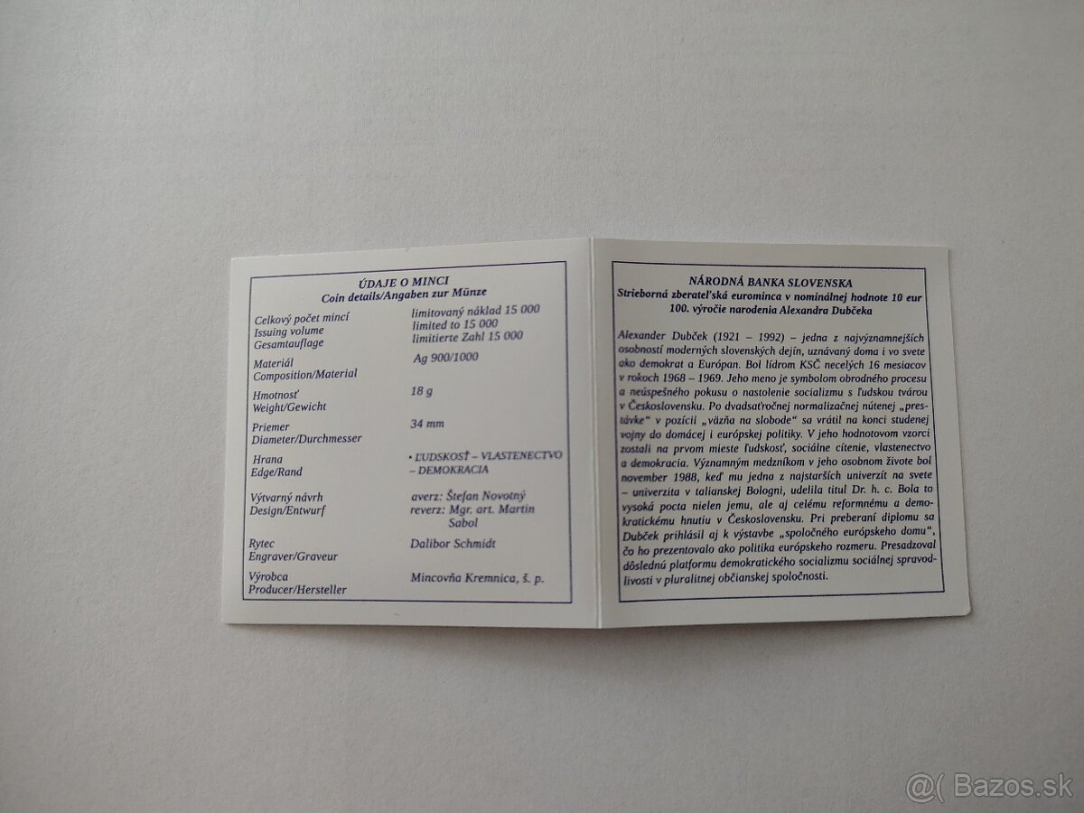 Certifikát k 10 eur Alexander Dubček