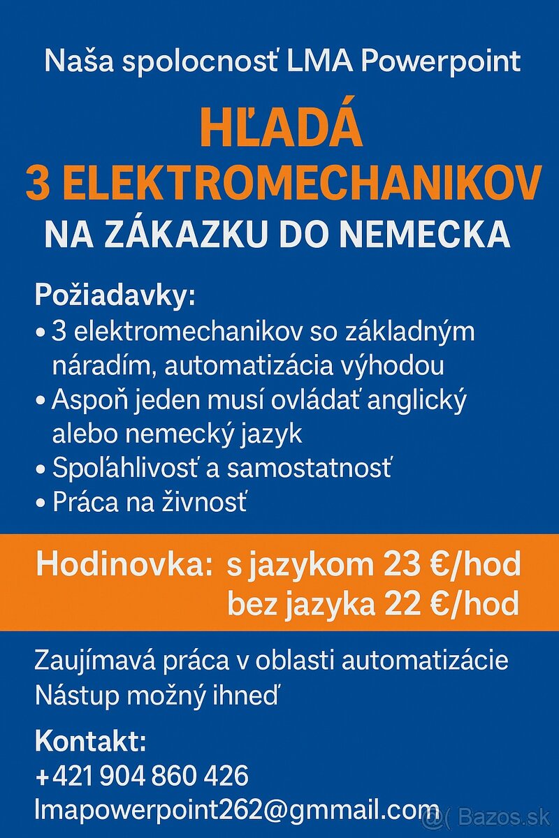 HĽADÁME ELEKTROMECHANIKOV NA ZÁKAZKU DO NEMECKA
