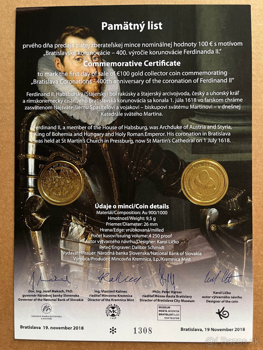 Predám pamätné listy k SK euro zlatým minciam