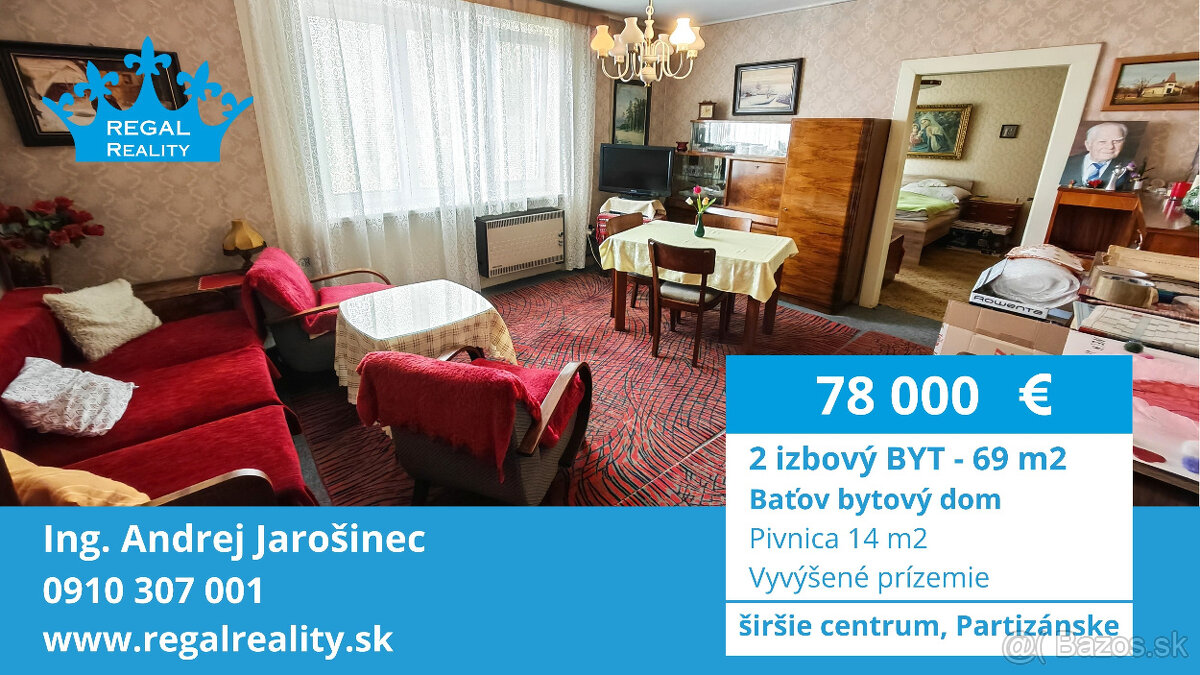 Veľkometrážny 2-IZB.  BYT, 69 m2,  Baťov dom, Partizánske