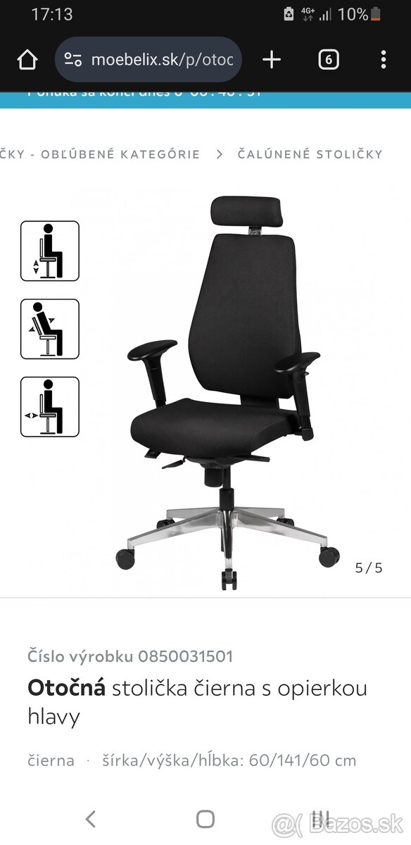 Otočná stolička čierna s opierkou hlavy