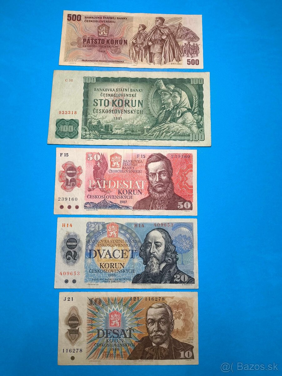 Bankovky ČESKOSLOVENSKO - 10, 20, 50, 100, 500 Kčs