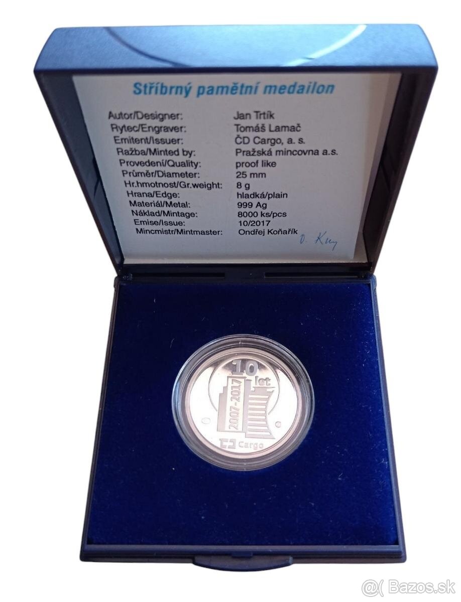 Stříbrná Proof Medaile 10 let ČD CARGO