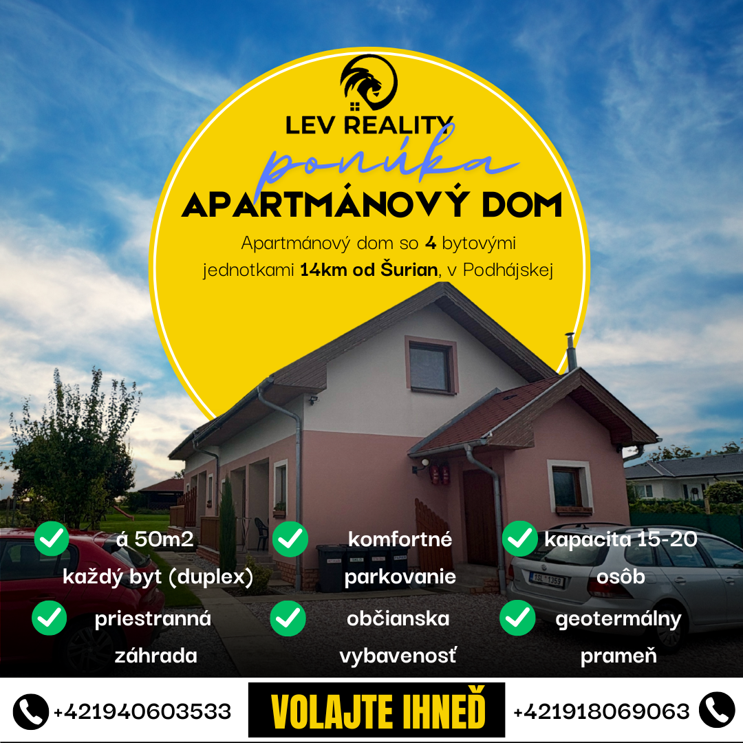 Apartmánový dom so 4 bytovými jednotkami 14km od Šurian