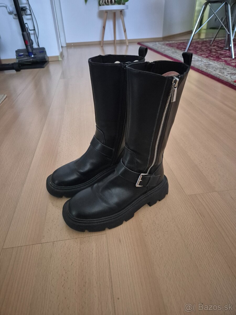 Kožené dievčenské Zara čižmy veľkosť 34