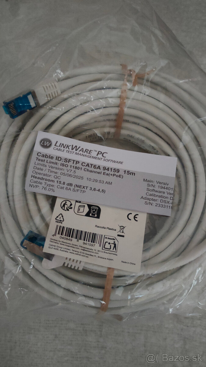 LAN Premiumcord patch kábel S/FTP CAT6A, biely 15 m