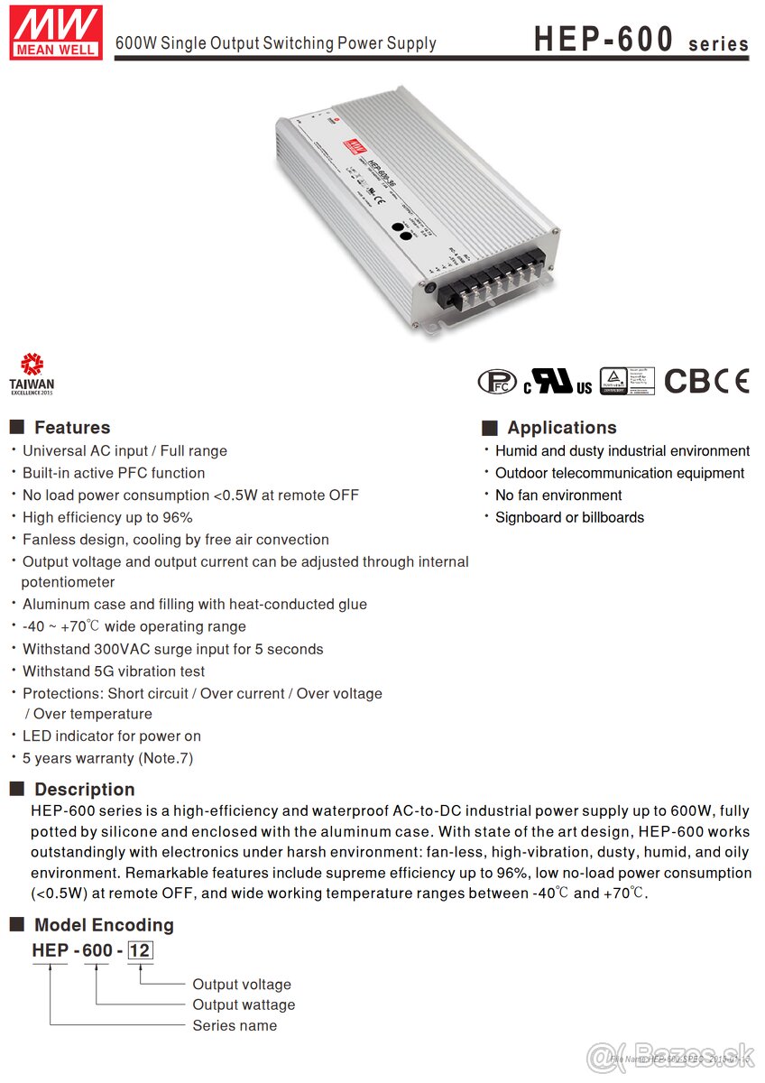 HEP-600-12 MEAN WELL- Napájací zdroj spínaný 12V 480W  40A