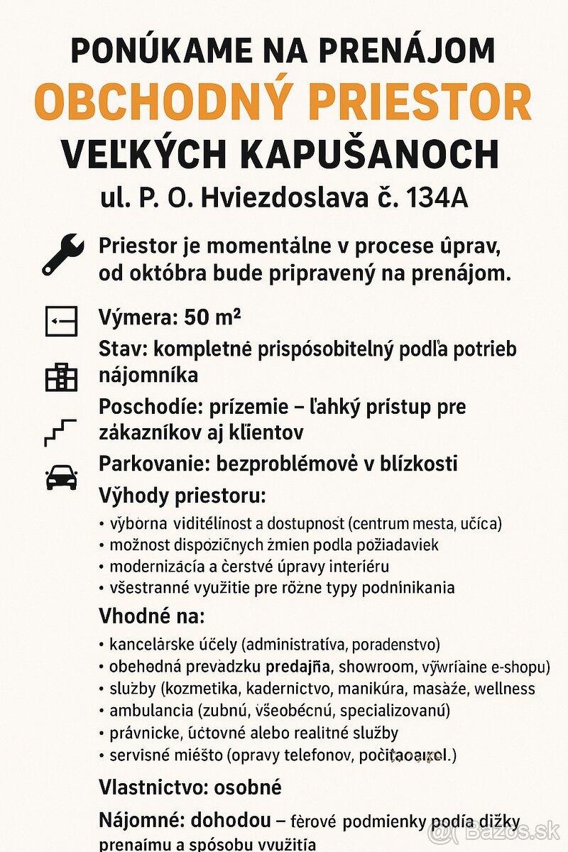 KANCELÁRSKY PRIESTOR NA PRENÁJOM – TOP LOKALITA VEĽKÉ KAPUŠA