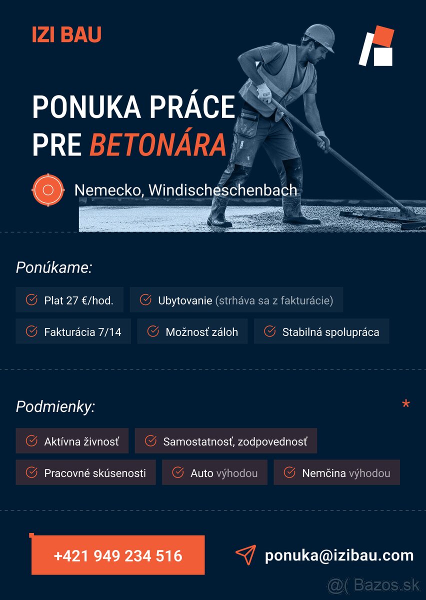 Ponuka práce Nemecko - Betonár