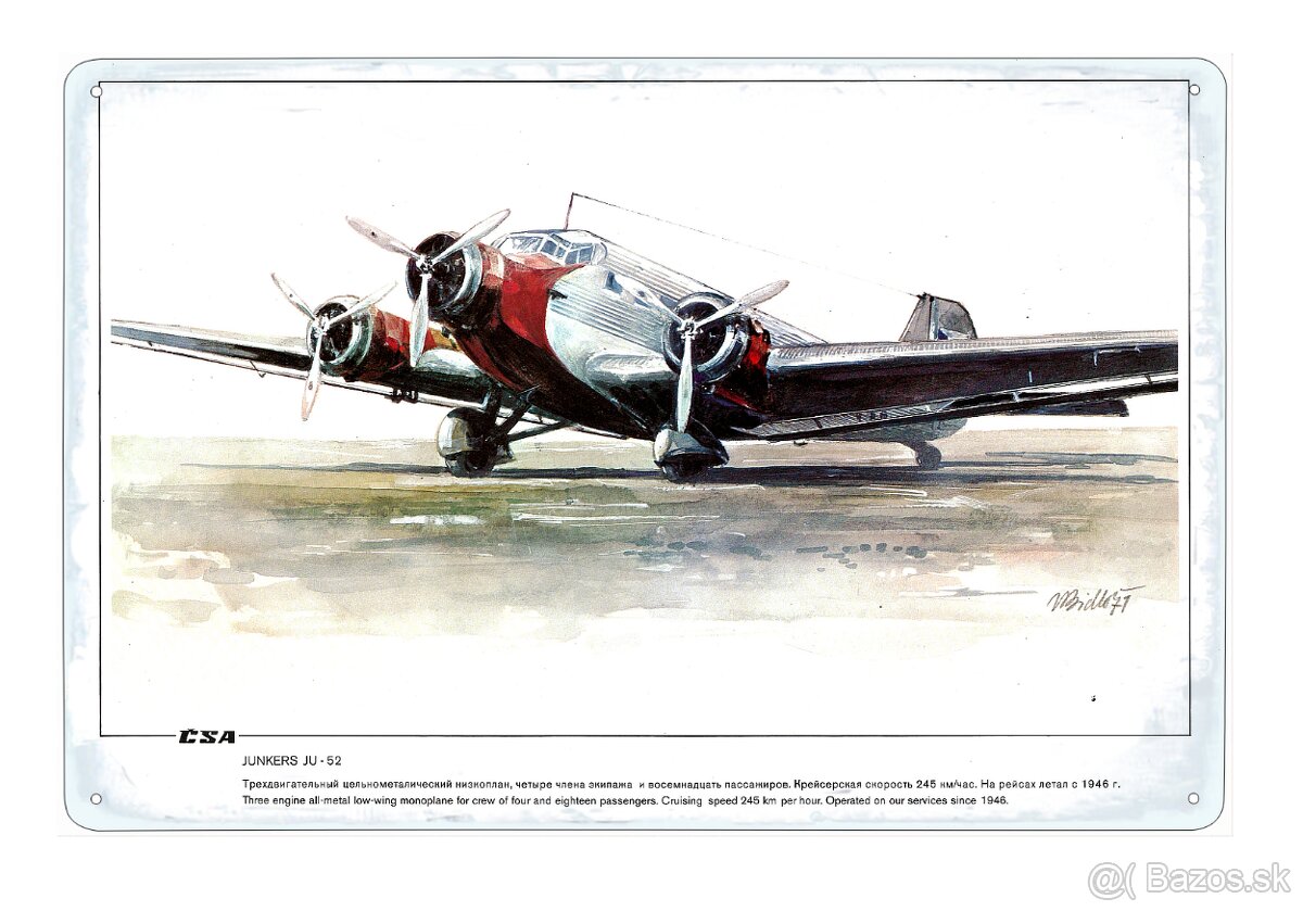 plechová cedule - Junkers Ju 52 (Československé aerolinie)