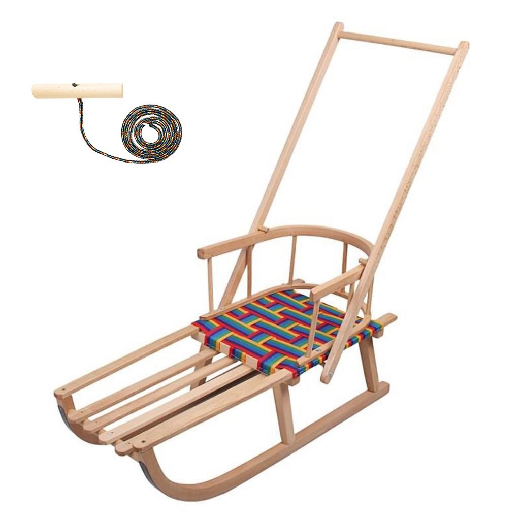 Detské drevené sánky s operadlom rukoväťou a povrázkom