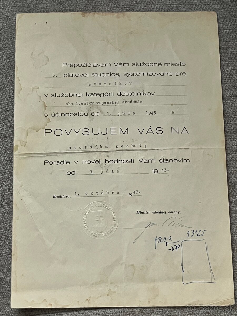 Slovenský štát povyšovací dekrét kapitán - stotník