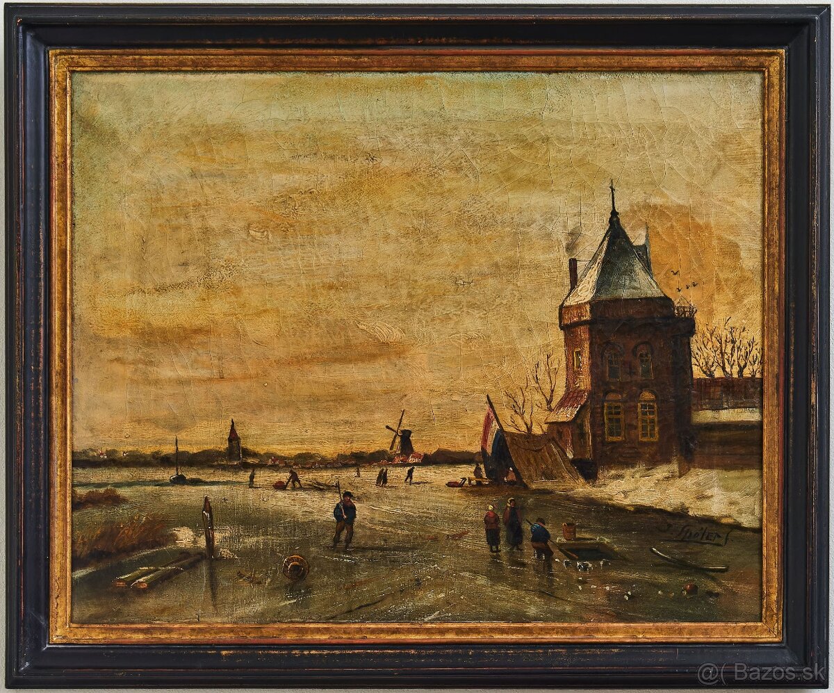 Zimná krajina s korčuliarmi – J. Spolet (1854–1912), olej