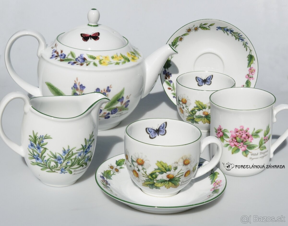 Nádherná bylinková porcelánová sada, . čajník + trojset +