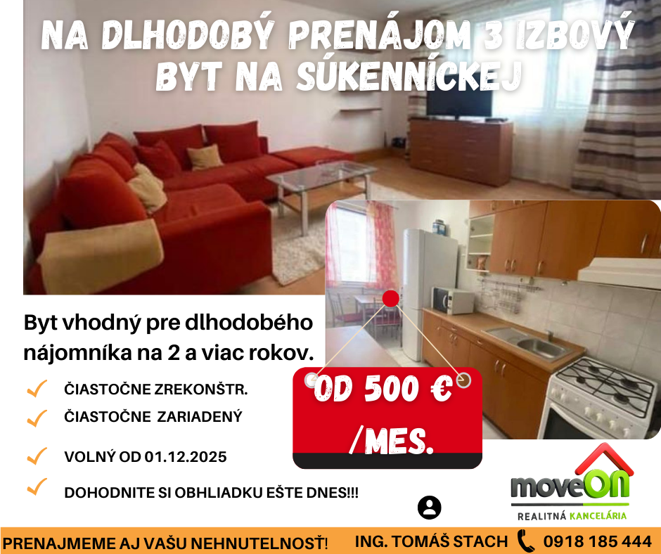 MOVEON prenajme 3 izbový byt voľný od 1.12.2025