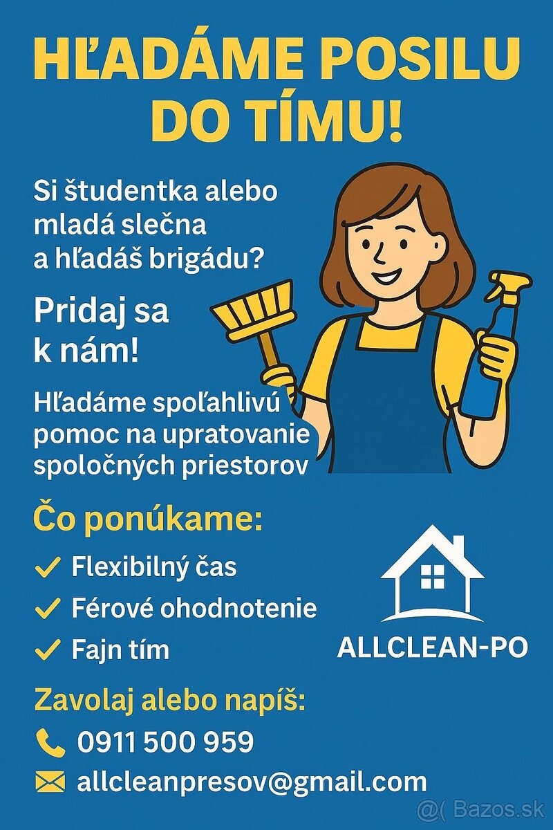 Hľadáme upratovačku Prešov