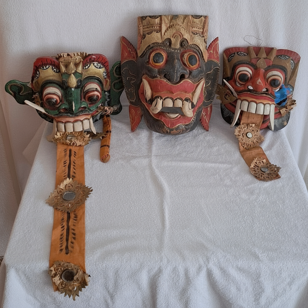3 ručne tesané masky Barong a ceremoniálna maska (Bali)