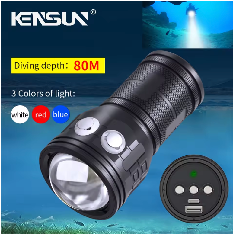 Výkonná podvodná LED baterka,vodotesná IPX-8,80m,Red,Blue,Wh