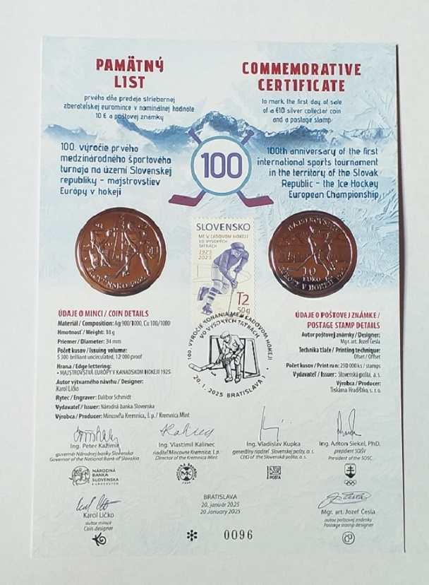 Pamätný list 100.výročie Majstrovstvá Európy v hokeji