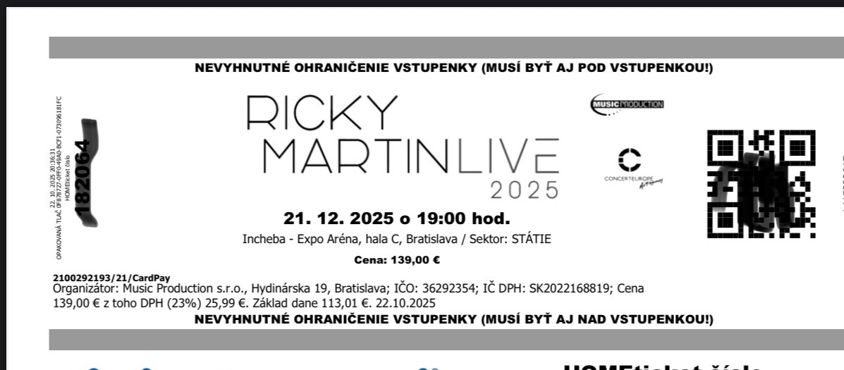 Predám vstupenky na RICKY MARTIN