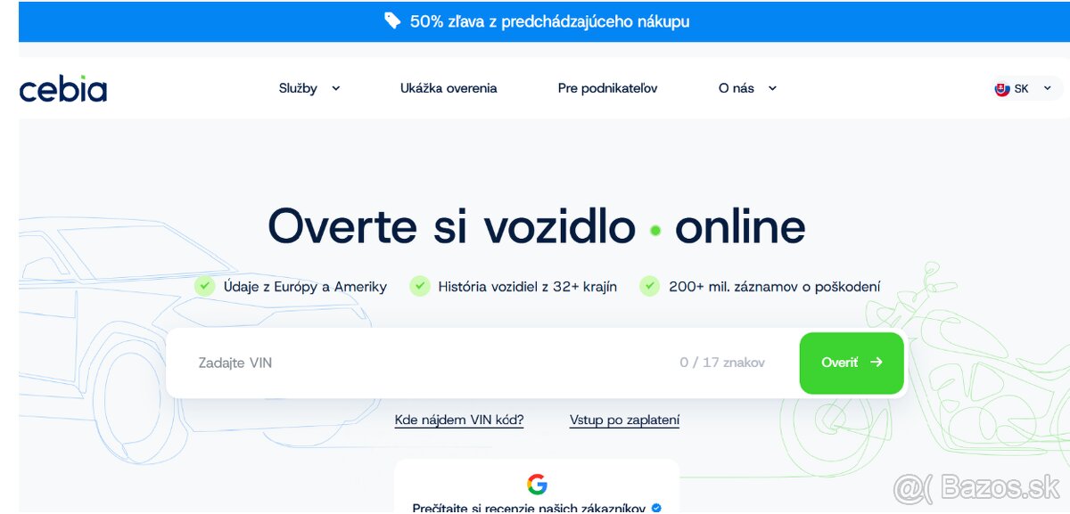 Cebia – overenie vozidla cez VIN so zľavou 50 %