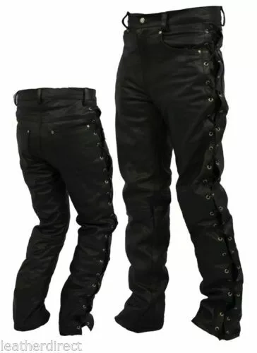 Moto Pánske Kožene Šnurovacie Nohavice Čierna Farba
