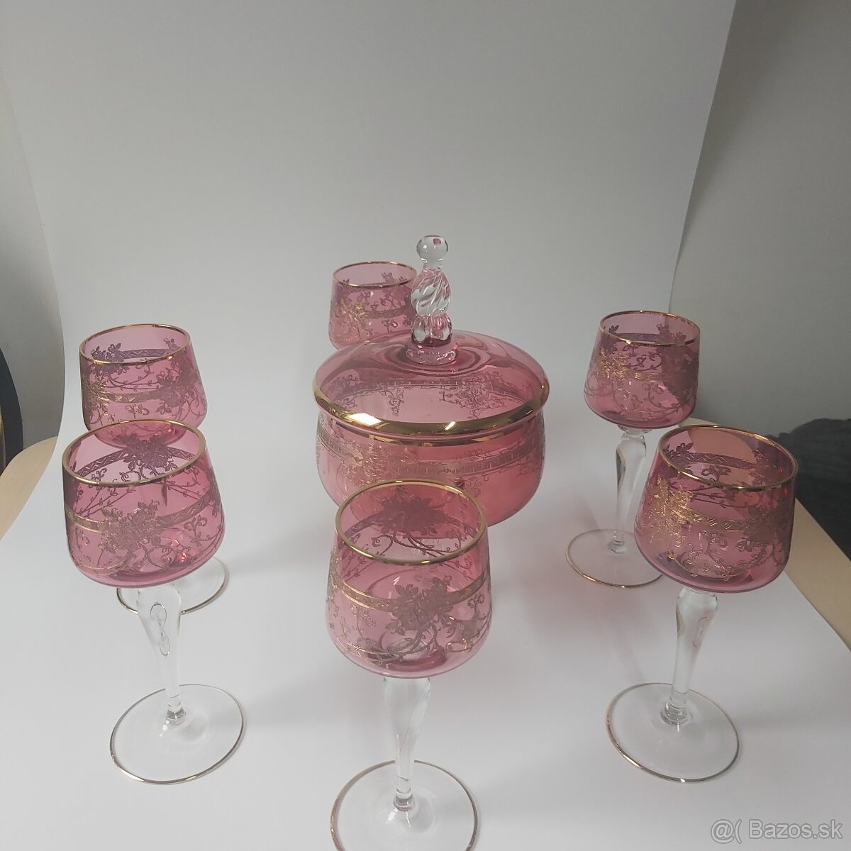 Ruby Royal 6x pohár+bonboniera z ružového skla gravírované