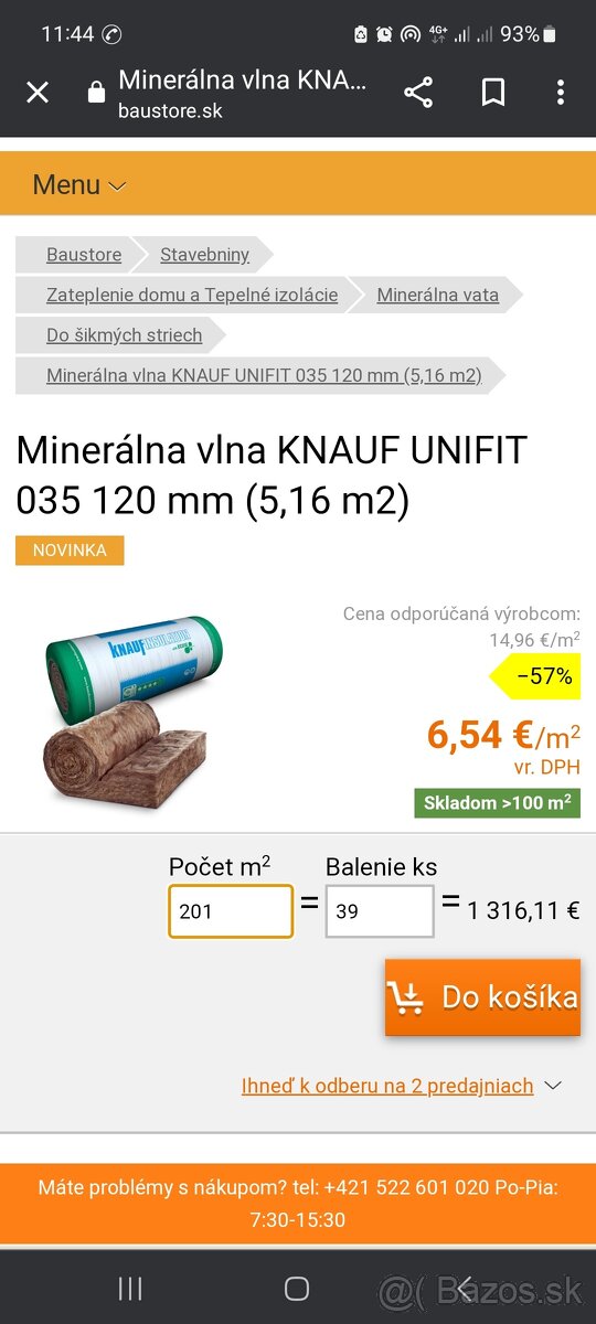 Minerálna vlna KNAUF UNIFIT 035 120, 60mm